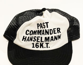 1976 Past Commander Hanselmann 16K.T. Ball Cap Trucker Hat Cap Mesh Black and White Adjustable Snapback Band Athletic One Size Fits