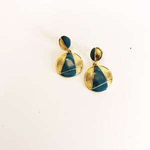 Vintage Drop Gold-tone Blue Enamel Earrings Pierced Double Circle Dangling Earrings Geometric Costume Jewelry Statement Bold Door Knocker image 2