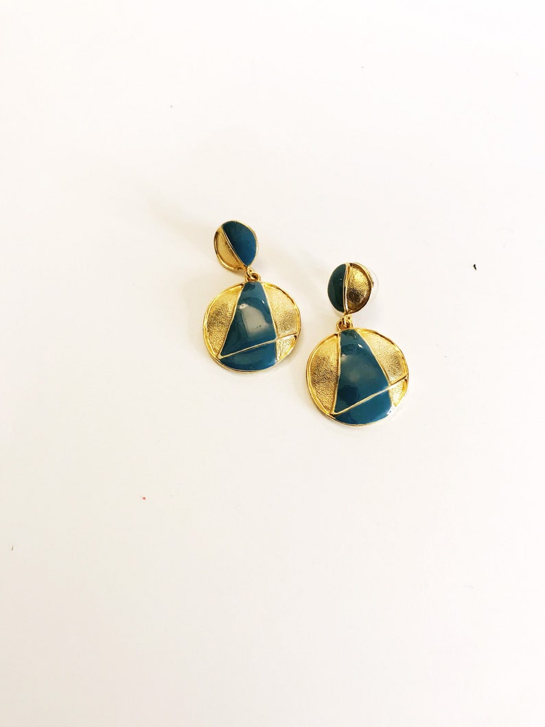 Vintage Drop Gold-tone Blue Enamel Earrings Pierced Double Circle Dangling Earrings Geometric Costume Jewelry Statement Bold Door Knocker image 2