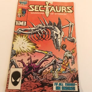 May include: A comic book cover featuring a skeletal creature with a sword, fighting against a group of warriors. The cover is red and features the title "Sectaurs: Warriors of Symbion".