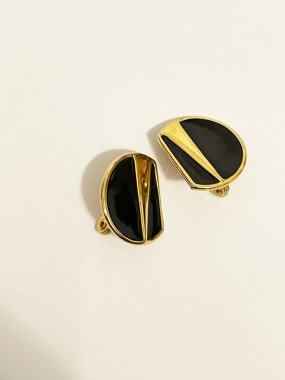 Vintage Monet Clip-ons Black and Gold Geometric B… - image 7