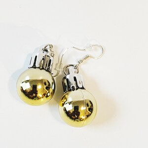 Gold Christmas Ornament Earrings Holiday Jewelry Kitsch Christmas Dangle Drop Earrings Novelty