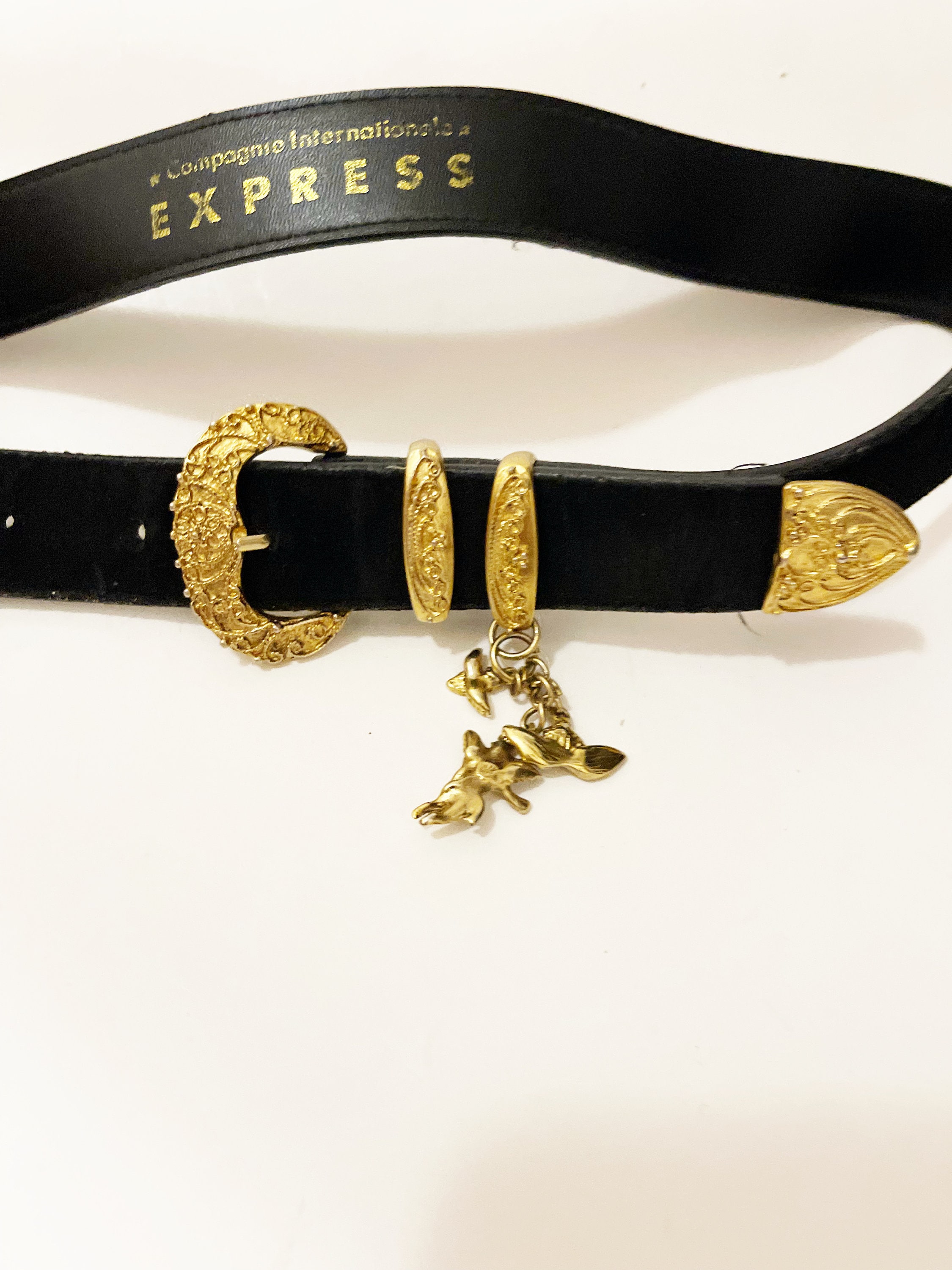 Vintage Express Black Suede Belt: Gold Buckle Charms, 90s  display picture 1