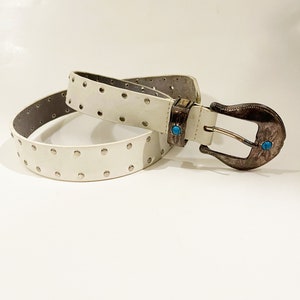 Vintage White Silver Studded Belt Belt Retro Belt Vtg 1990s Southwestern Belt with Turquoise Colored Stone Funky Belt