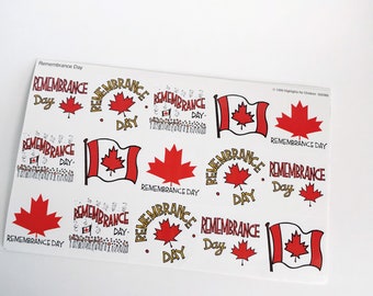 May include: A sheet of stickers featuring various designs related to Remembrance Day. The stickers include the Canadian flag, maple leaves, and the words "Remembrance Day".