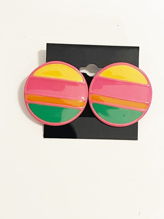 Vintage 1990s Neon Striped Earrings Circle Rainbow