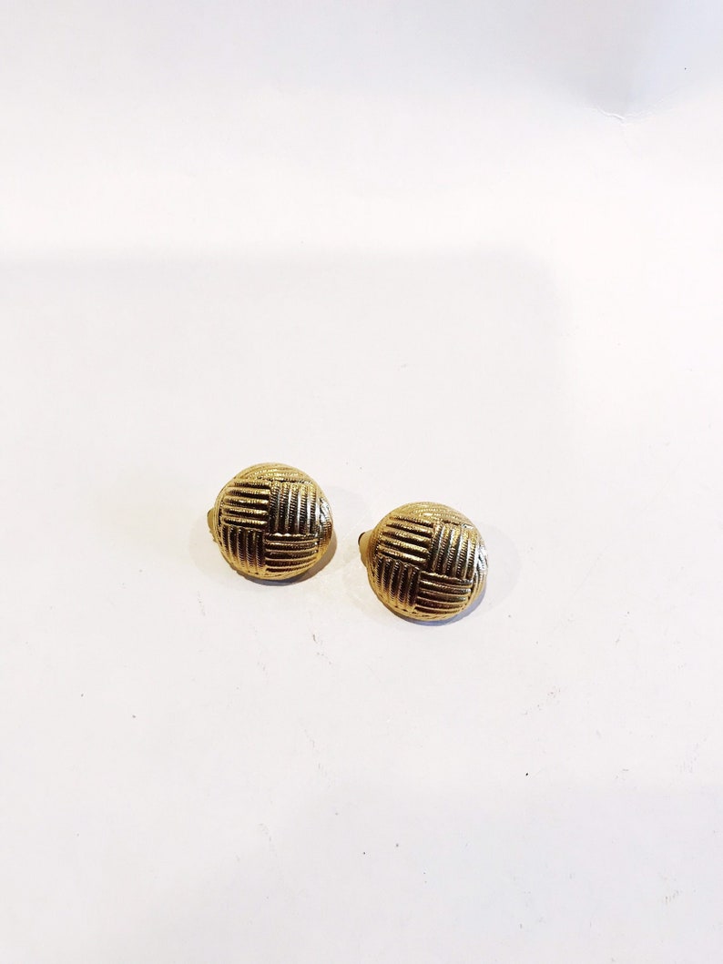 Gold Tone Button Clip-On Earrings Clip-ons Crisscross Pattern Round Circle Vintage Clip On Earrings Costume Jewelry Button Clip-ons image 1