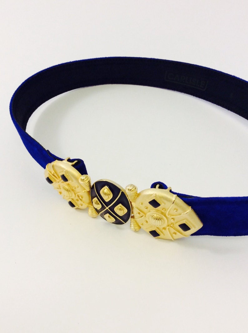 Vintage Carlise 1980s Chunky Gold Statement Belt Suede Midnight Blue Golden Belt Jewelry 80s Bold Accent Buckle Ladies Belts Size Small