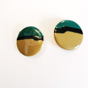 Vintage 90s Large Circle Button Earrings Vtg 1990s Green Black Taupe Circle Earrings Abstract Earrings Pierced Ears