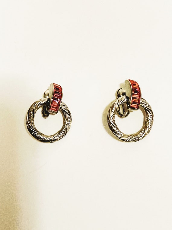 Pink Rhinestone Earrings Clip on earrings silver … - image 1