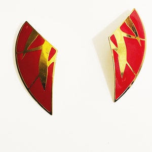 Vintage Edgar Berebi Earrings Red Gold-tone Enamel Earrings Pierced Geometric Shape Earrings Costume Jewelry Retro Mod 90s Spike Earrings