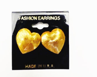 Gold Heart Earrings 1980s Vintage Statement Earrings Retro Gold Tone Heart Earrings Made in USA Studs, 1980s Brushed Metal Post Earrings
