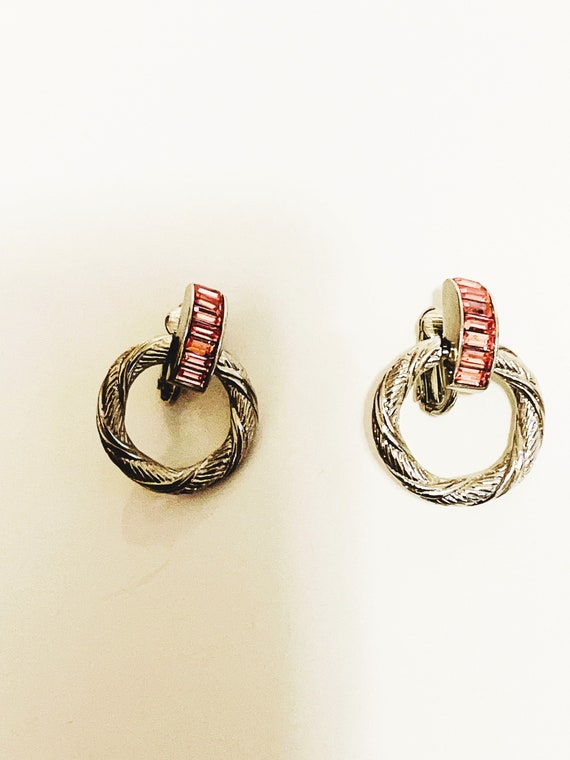 Pink Rhinestone Earrings Clip on earrings silver … - image 5