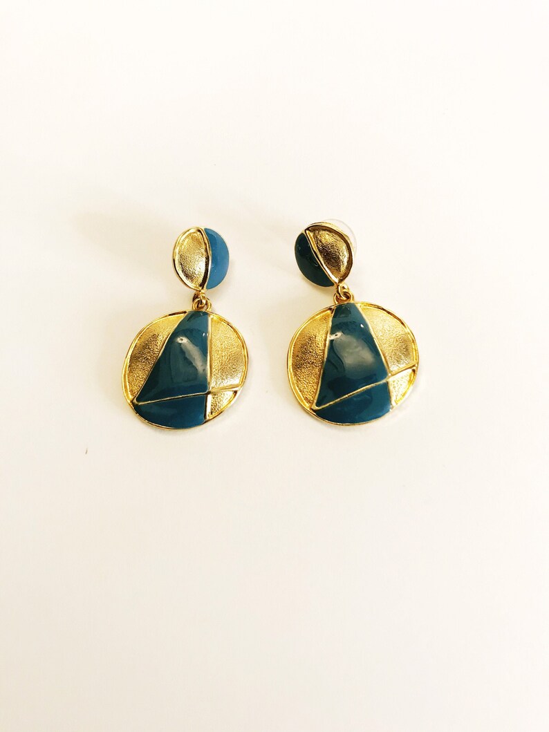 Vintage Drop Gold-tone Blue Enamel Earrings Pierced Double Circle Dangling Earrings Geometric Costume Jewelry Statement Bold Door Knocker image 1