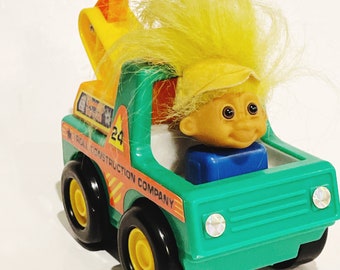 Vintage Russ Troll Construction Company Tow Truck Troll Doll Yellow Hair Troll Construction Troll Green Truck Yellow Troll Friction Moveable