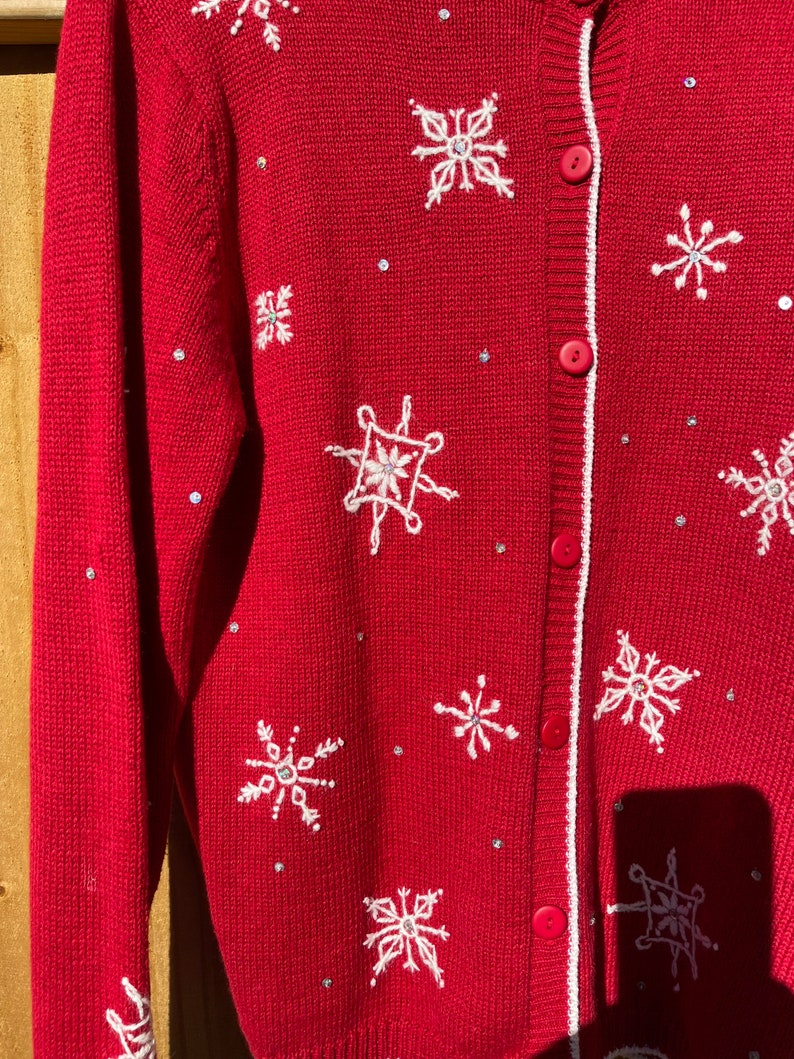 Red Snowflake Sweater Size Medium Ugly Christmas Sweater Holiday Sweater Winter Ski Sweater Button Up Cardigan by Capacity 90s image 4