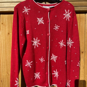 Red Snowflake Sweater Size Medium Ugly Christmas Sweater Holiday Sweater Winter Ski Sweater Button Up Cardigan by Capacity 90s image 9