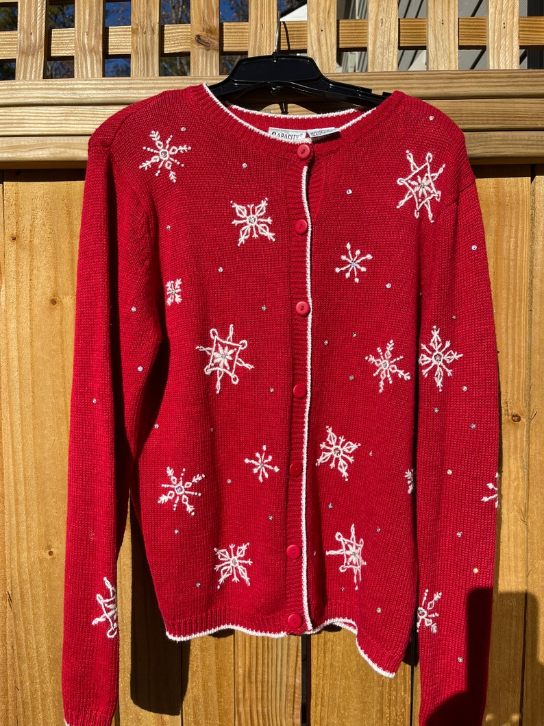 Red Snowflake Sweater Size Medium Ugly Christmas Sweater Holiday Sweater Winter Ski Sweater Button Up Cardigan by Capacity 90s image 9