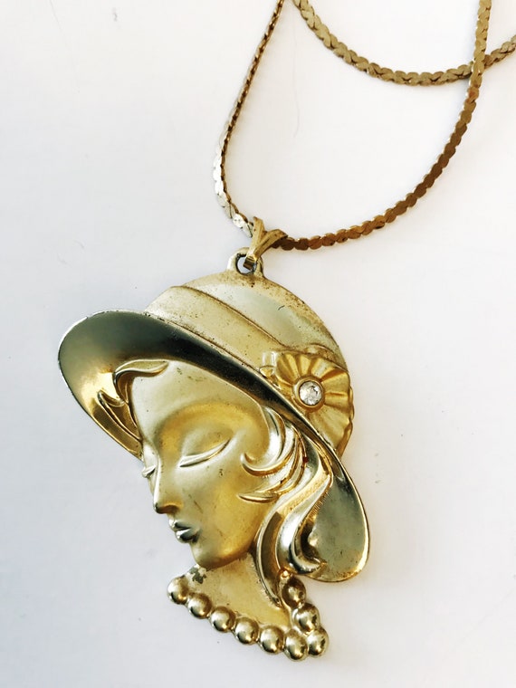 Vintage Lady in Hat Pendant Necklace Art Decor Wo… - image 1