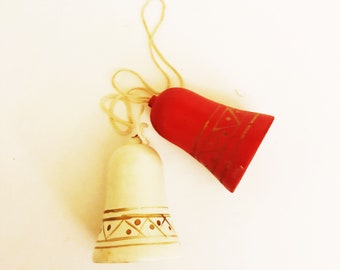 Red and White Wooden Bells Christmas Ornaments Tree Holiday Ornaments Vintage Small Christmas Bells Home Decor Knickknacks Accents