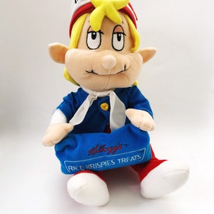 Vintage snap Crackly pop pluche 1999 Crackle Kelloggs gevulde speelgoed Rijst Krispies behandelt pop 1990 &#39;s graan reclame pop