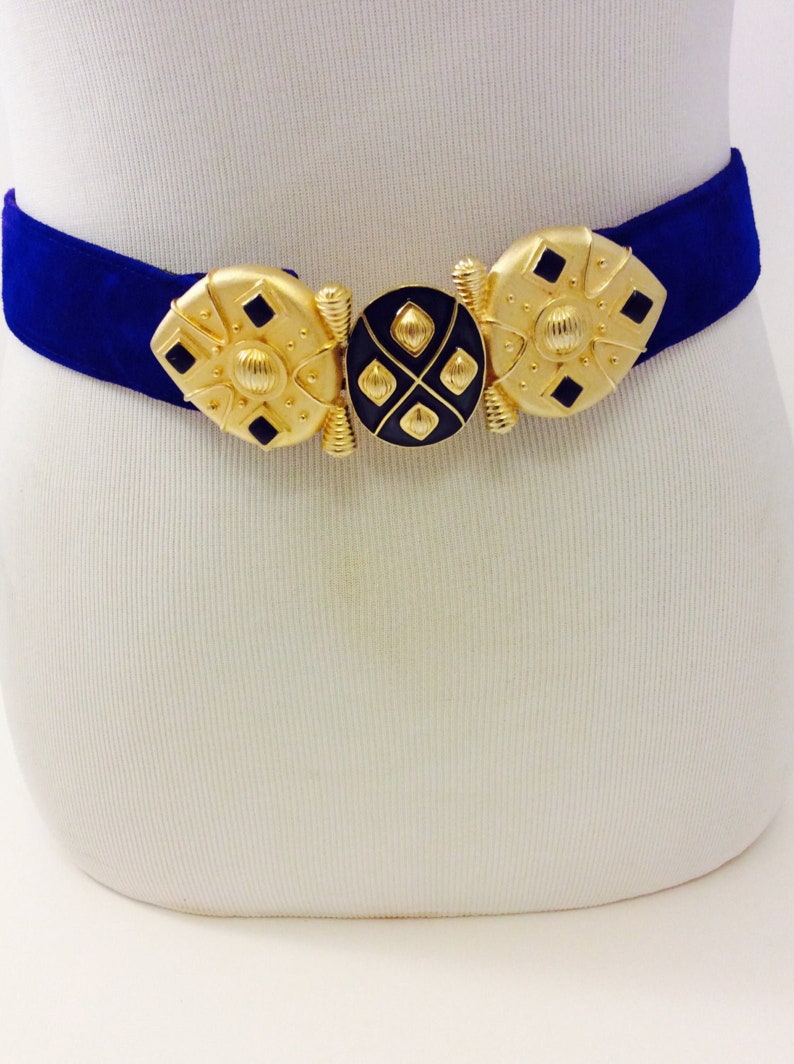 Vintage Carlise 1980s Chunky Gold Statement Belt Suede Midnight Blue Golden Belt Jewelry 80s Bold Accent Buckle Ladies Belts Size Small