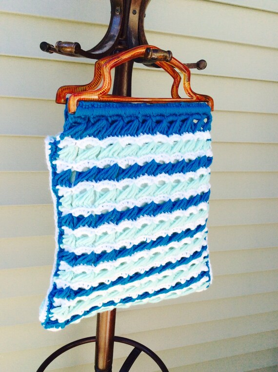 Handmade Blue White Crochet Knit Handbag Purse To… - image 3