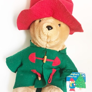 Paddington Bear Plush Toy Vintage Paddington's Holiday Fun Bear Large 16" Christmas Paddington Green Hooded Jacket Red Hat 1996 Teddy Bear