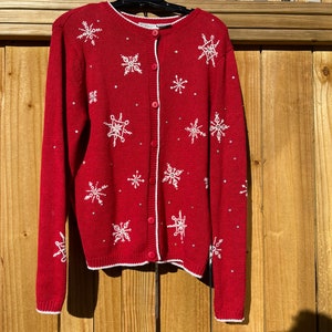 Red Snowflake Sweater Size Medium Ugly Christmas Sweater Holiday Sweater Winter Ski Sweater Button Up Cardigan by Capacity 90s image 3