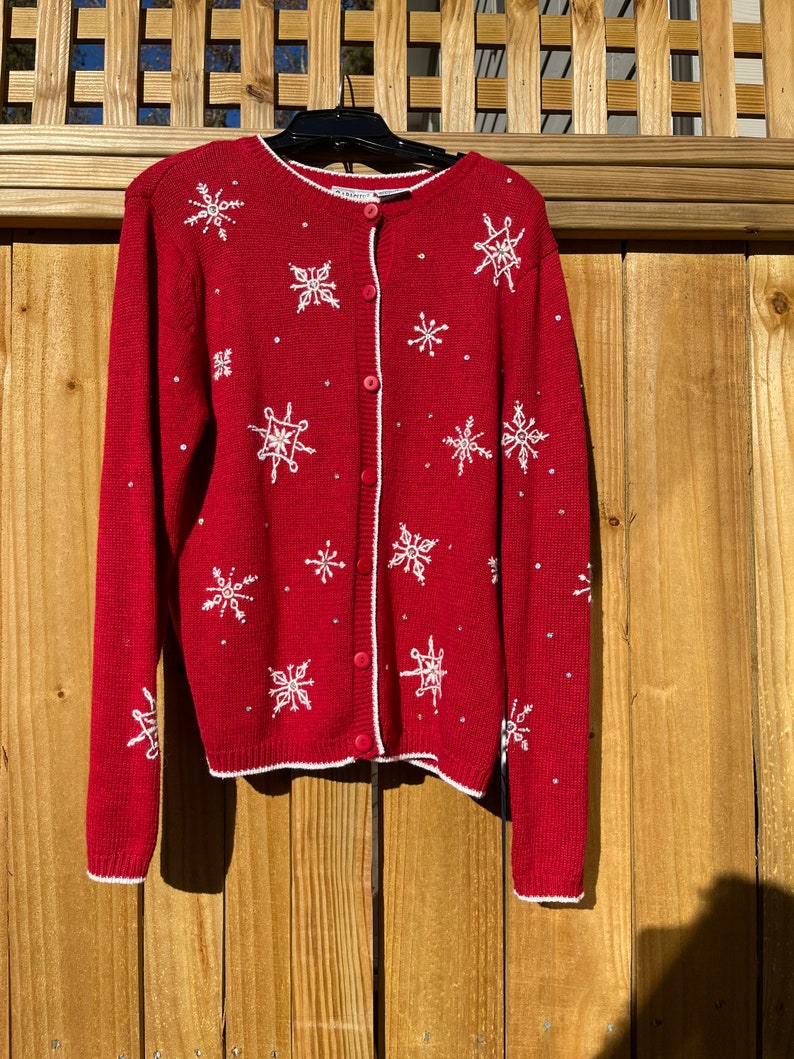 Red Snowflake Sweater Size Medium Ugly Christmas Sweater Holiday Sweater Winter Ski Sweater Button Up Cardigan by Capacity 90s image 3