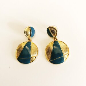 Vintage Drop Gold-tone Blue Enamel Earrings Pierced Double Circle Dangling Earrings Geometric Costume Jewelry Statement Bold Door Knocker image 5
