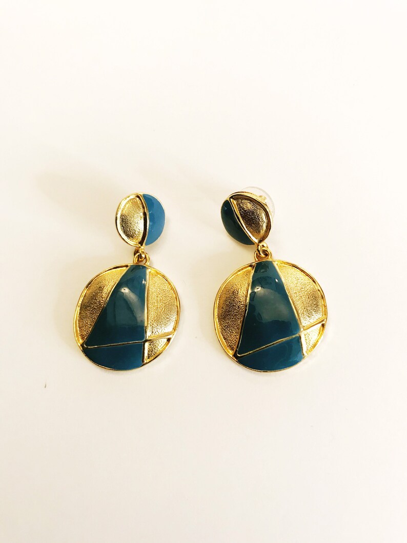 Vintage Drop Gold-tone Blue Enamel Earrings Pierced Double Circle Dangling Earrings Geometric Costume Jewelry Statement Bold Door Knocker image 5