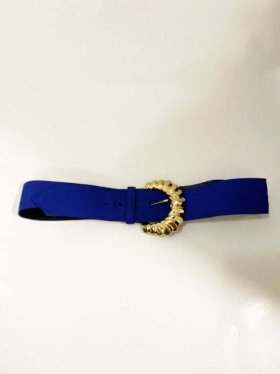 Vintage Blue Faux Leather Belt: Gold Buckle, 80s Retro Style  display picture 1