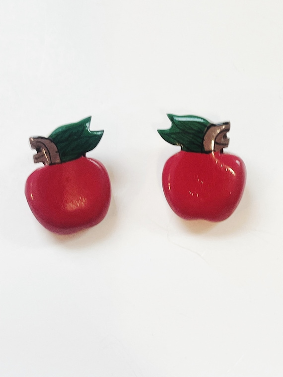 Red Apple Earrings Vintage Earrings Large Button … - image 4