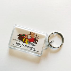 Vintage 1988 Jim Benton Keychains &quot;Mr. Romance&quot; Humorous Slogans Funny Key Holders Charms 1980s