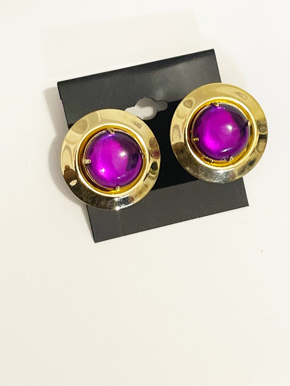 1980s Gem Earrings Purple and Gold Huge Button Ea… - image 9