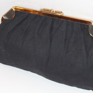 Jahrgang Clutch Black Cotton Fabric 1970, Gold-Ton-Rahmen und Metall-Verschluss, Kette Griff stilvolle Handtasche, Sammler-Handtasche, schwarz-Handtasche