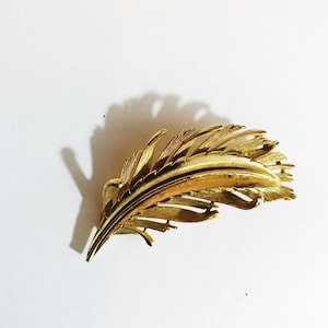 May include: A gold-toned feather-shaped brooch. The brooch is made of metal and has a detailed design.