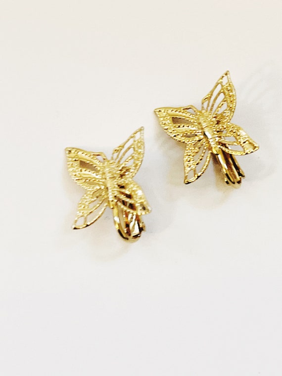 Vintage Gold Tone Filigree Butterfly Clip-ons Ear… - image 6