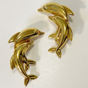 Vintage Dolphin Clip On Earrings Golden Dolphin Earrings Retro 80s Statement Clip Ons Fun Pair Vtg Gold Tone Large Dolphins Clip Earrings image 6