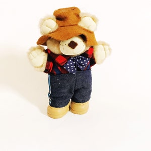 Vintage Furskins Bear 1980s Farrell Furskin Teddy Bear Wendy&#39;s 1986 Collectible Plush Toy  Bow Hat Overalls Vtg 80s Toys