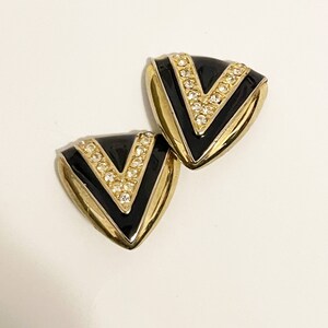 Vintage Rhinestone Triangle Earrings Egyptian 1990s Clip On Earrings Triangle Rhinestone Earrings Statement Earrings Retro Black Earrings