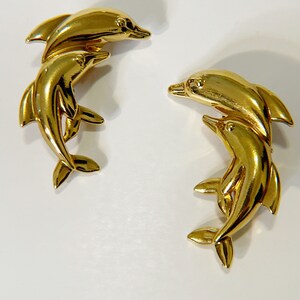 Vintage Dolphin Clip On Earrings Golden Dolphin Earrings Retro 80s Statement Clip Ons Fun Pair Vtg Gold Tone Large Dolphins Clip Earrings image 4