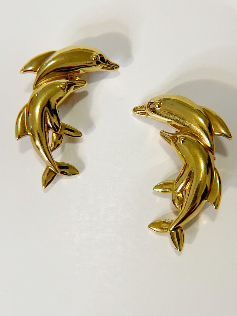 Vintage Dolphin Clip On Earrings Golden Dolphin Earrings Retro 80s Statement Clip Ons Fun Pair Vtg Gold Tone Large Dolphins Clip Earrings image 4