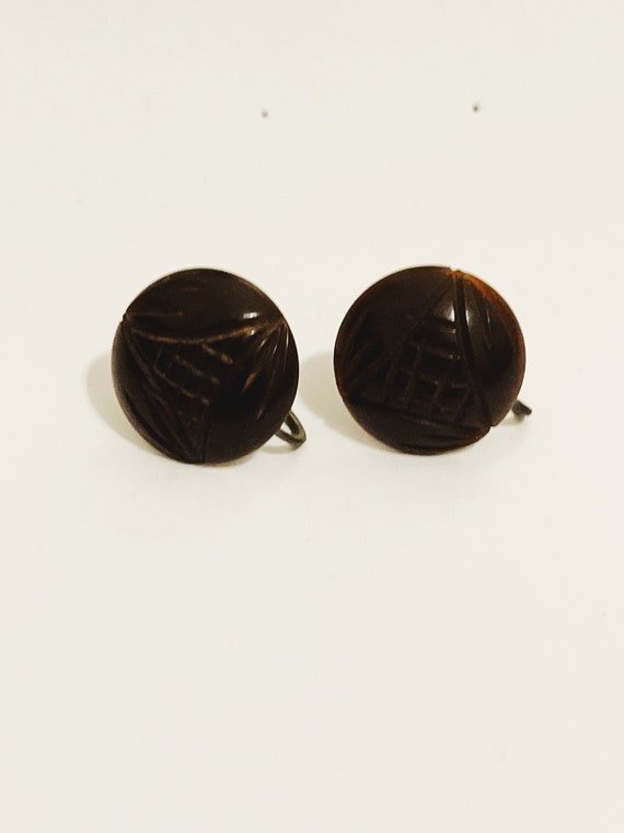 Vintage Lucite Clip On Earrings Round Brown Butto… - image 7