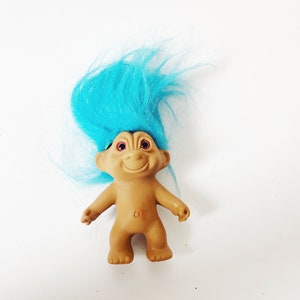 Vintage Troll Doll Blue Hair and Blue Eye Troll Naked Doll Russ Berrie 3&quot; Collectible Trolls 1990&#39;s Retro Toys