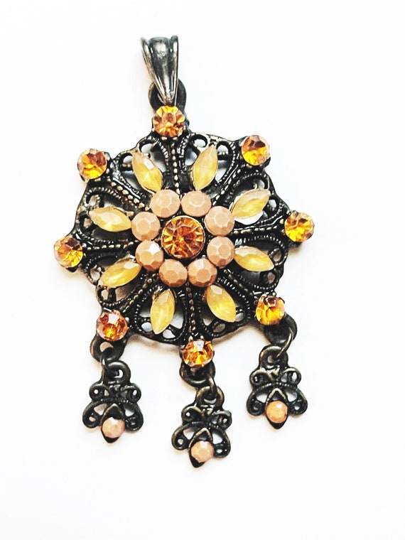 Vintage Orange Rhinestones Pendant Necklace Penda… - image 9