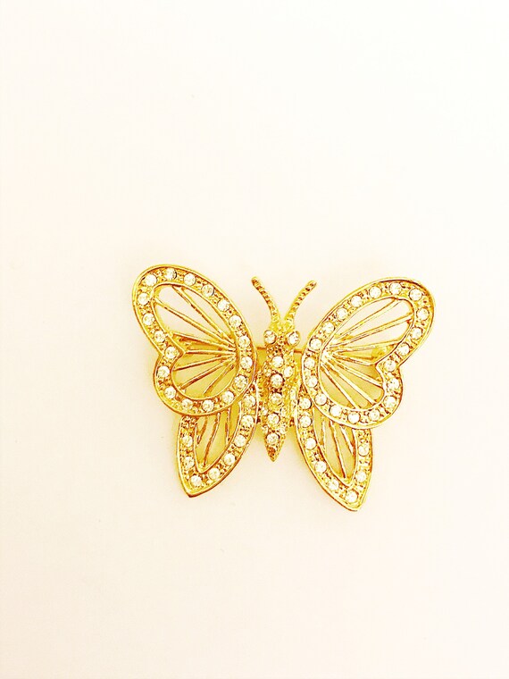 ROMAN Rhinestone & Gold Butterfly Pin Vintage Pin… - image 3
