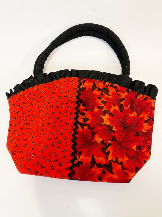 Red and Black Fabric Handbag Floral Lunch Pal Clo… - image 9