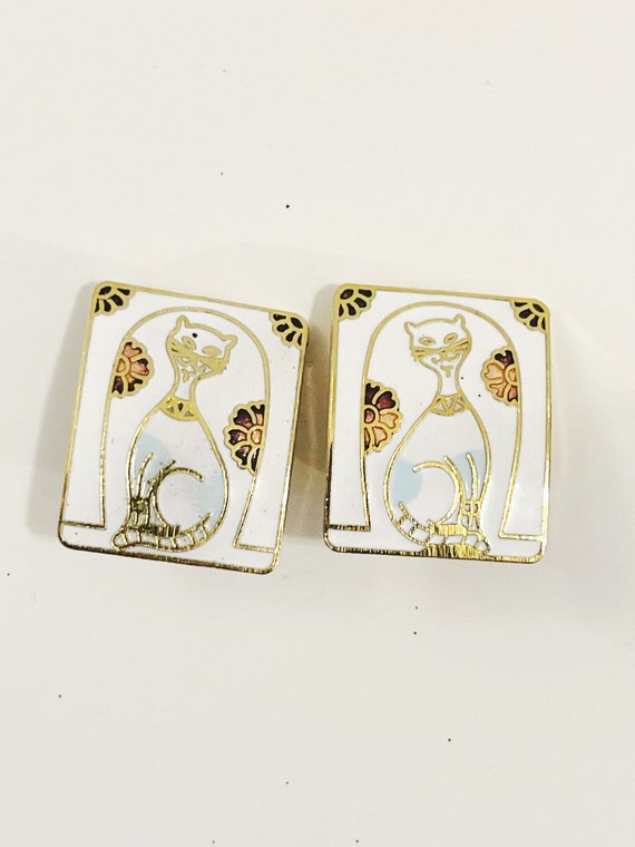 Vintage Cloisonne Cat Earrings  Kitten White Butt… - image 9